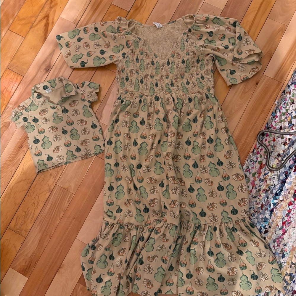 Kate Quinn mommy and me Yellow with Gourd Print midi dress and polo shirt